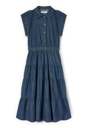 Dżinsowa sukienka midi z krótkimi rękawami, zapinana na guziki z przodu, z falbanami na spódnicy, kołnierzykiem i dopasowaną elastyczną talią.