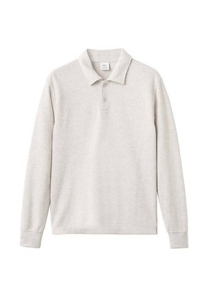 Lichtgrijze lange mouwen polo shirt met een drievoudige knopenpat, geribbelde kraag en boorden, gemaakt van een zachte stof met een gladde textuur.