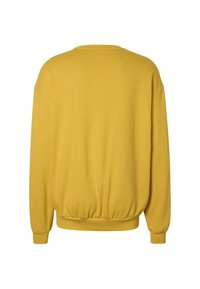 Sweat-shirt jaune uni à manches longues montré de dos avec poignets et ceinture côtelés.