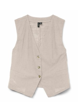 Lina veste gaiši bēšā krāsā, ar V veida izgriezumu, bez piedurknēm, pieciem priekšējiem pogām un divām sānu kabatām. Gluda tekstūra un izcila formas izgriešana.