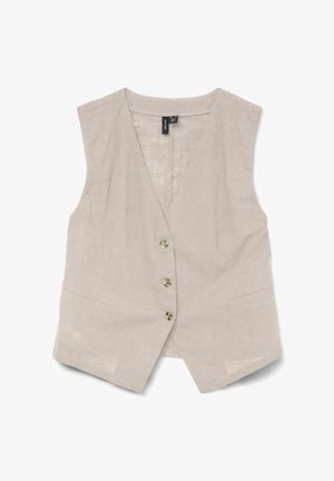 Linen prsluk u svijetlo bež boji, s V-izrezom, bez rukava, pet prednjih dugmadi i dva bočna džepa. Glatka tekstura i čisti rez.