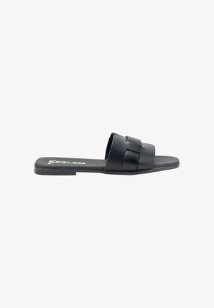 Chanclas negras con suela plana y un diseño de tira en dos tonos. Fabricadas con material sintético suave, con un logotipo de la marca en la plantilla.