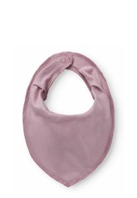 Bavaglino di cotone viola a forma triangolare con chiusura a scatto. Presenta una texture morbida e bordi grezzi con una finitura liscia.
