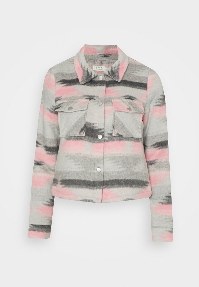 Veste en flanelle grise avec des rayures roses et noires, dotée d'un col, de deux poches avant, de boutons argentés et d'une coupe courte.