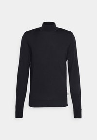Jersey negro de cuello alto con mangas largas, textura suave, diseño ajustado y puños de canalé. Acento de logo sutil en el dobladillo.