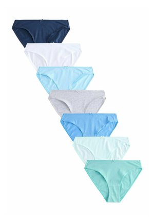 Siedem damskich majtek bikini w odcieniach niebieskiego, białego i szarego, każda z małą kokardką z przodu.