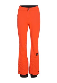 Heldere oranje skibroek met een slim fit, voorzien van een ritssluitingzak, versterkte manchetten en verstelbare tailleknopen. Zwarte binnenvoering.