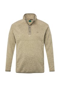 Lys beige fleece pullover med en kvart-zip krave, to grå knapper og et subtilt struktureret mønster overalt. Har lange ærmer.