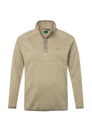 Vaaleanbeige fleece-pusero, jossa on neljännesvetoketju kauluksessa, kaksi harmaata nappia ja hienovarainen tekstuuripinta koko matkalta. Ominaisuuksiin kuuluu pitkät hihat.