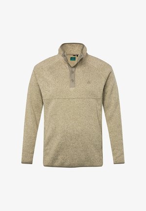 Jasno-beżowy polarowy pulower z kołnierzem na ćwierć zamek, dwoma szarymi guzikami i subtelnym, strukturowanym wzorem na całej powierzchni. Posiada długie rękawy.