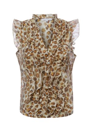 Ärmellose, transparente Bluse mit braun-beigem Leopardenmuster, gerüschtem Vorderteil und Schultern, Knopfleiste und V-Ausschnitt.