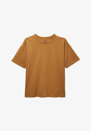 T-shirt marron à manches courtes et col rond avec une coupe décontractée, présenté à plat sur fond blanc.