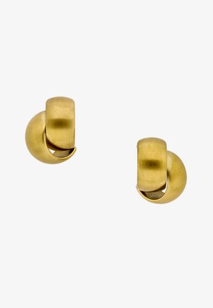 Orecchini a clip in metallo color oro spazzolato con un design geometrico liscio e curvo e una forma a mezzaluna cava.