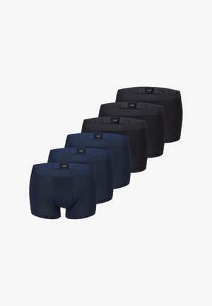 Six paires de boxers pour hommes en bleu marine et noir, disposées en deux rangées avec des ceintures élastiques marquées.
