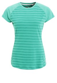 Ljusgrön kortärmad T-shirt med horisontella ränder, rund halsringning och en mjuk textur med raglanärmar.