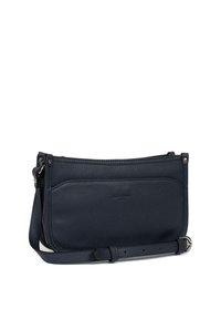 Borsa a tracolla in pelle blu navy con texture liscia, chiusura superiore con zip, tasca frontale e tracolla regolabile. Design minimalista con dettagli in metallo.