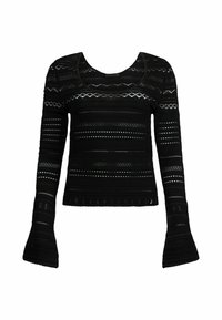 Black long-sleeve top with a fitted bodice, featuring horizontal striped patterns and textured accents, with flared sleeves.