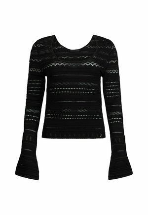Black long-sleeve top with a fitted bodice, featuring horizontal striped patterns and textured accents, with flared sleeves.