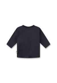 Langärmliges T-Shirt aus navy Baumwolle. Einfarbig mit Rundhalsausschnitt und geradem Schnitt. Glatte Textur, Etikett an der Seitennaht.