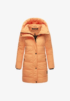 Padded jacket in orange with a zip and button front, large hood, side pockets, and black accents on cuffs and pockets.