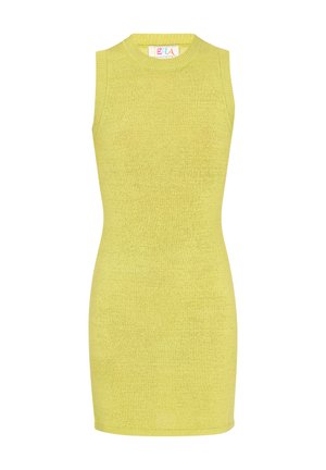 Sleeveless dress in bright yellow. Made of textured knit material, fitted shape, round neckline, and above-knee length.