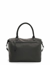 Zwarte rechthoekige handtas met twee korte handvatten, een afneembare schouderriem en een horizontale ritszak aan de voorkant.