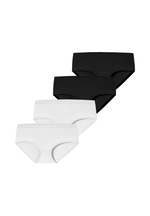 Vier Paar Damen-Hipster-Unterwäsche, zwei schwarze und zwei weiße, diagonal auf weißem Hintergrund angeordnet.