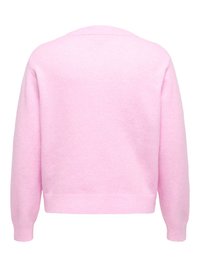 Pink sweater featuring a crew neck, long sleeves, and ribbed hem. Soft texture with a solid color, no visible patterns or embellishments.