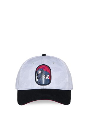 Casquette de baseball blanche et noire avec un patch avant montrant deux personnages d’anime aux cheveux foncés sur fond rouge.