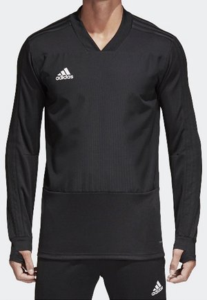 Svart långärmad atletisk tröja med V-ringning, ribbad textur och hål för tummarna. Har den vita Adidas-logotypen på bröstet.