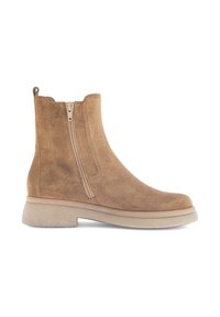 Suède enkellaarsjes in lichtbruin, met een zijrits, ronde neus en een contrasterende gestructureerde rubberen zool.