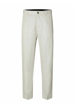 Light beige linen trousers with a straight leg, button front, two side pockets, and a smooth texture. Tailored fit with subtle seams.