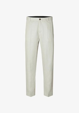 Helebeežid linased püksid otsejalaga, nööbiga esiküljel, kahe küljetaskuga ja sileda tekstuuriga. Kohandatud lõige peeneteks õmblusteks.