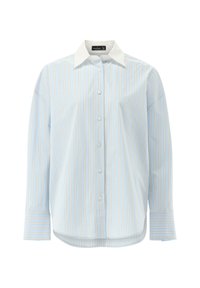 Light blue long-sleeve shirt with vertical white and gold stripes, button front, classic collar, and straight cut hem with side slits.