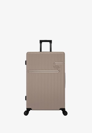 Hard-shell suitcase in a metallic taupe color, featuring a ribbed design, retractable handle, and four black wheels for mobility.