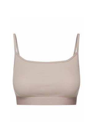 Beige gerippter Bralette mit dünnen Trägern und einem festen Bündchen am Saum, der eine glatte Textur und ein minimalistisches Design aufweist.