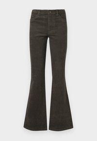 Rozšířené tmavě šedé manšestrové kalhoty s přiléhavým pasem, pěti kapsami a kontrastním švem; texturovaná látka s vertikálními rýhami.