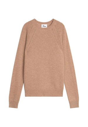 Lichtbruine cashmere trui met een ronde hals, ribbelrand aan de onderkant en mouwen, met raglanmouwen en een gladde textuur.