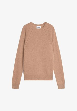 Lichtbruine cashmere trui met een ronde hals, ribbelrand aan de onderkant en mouwen, met raglanmouwen en een gladde textuur.