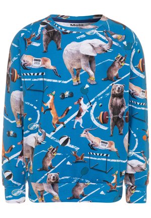 Sweat-shirt bleu orné de motifs d'animaux variés, comprenant des éléphants, des ours, des renards et des écureuils, pratiquant des sports tels que la musculation et le tennis.