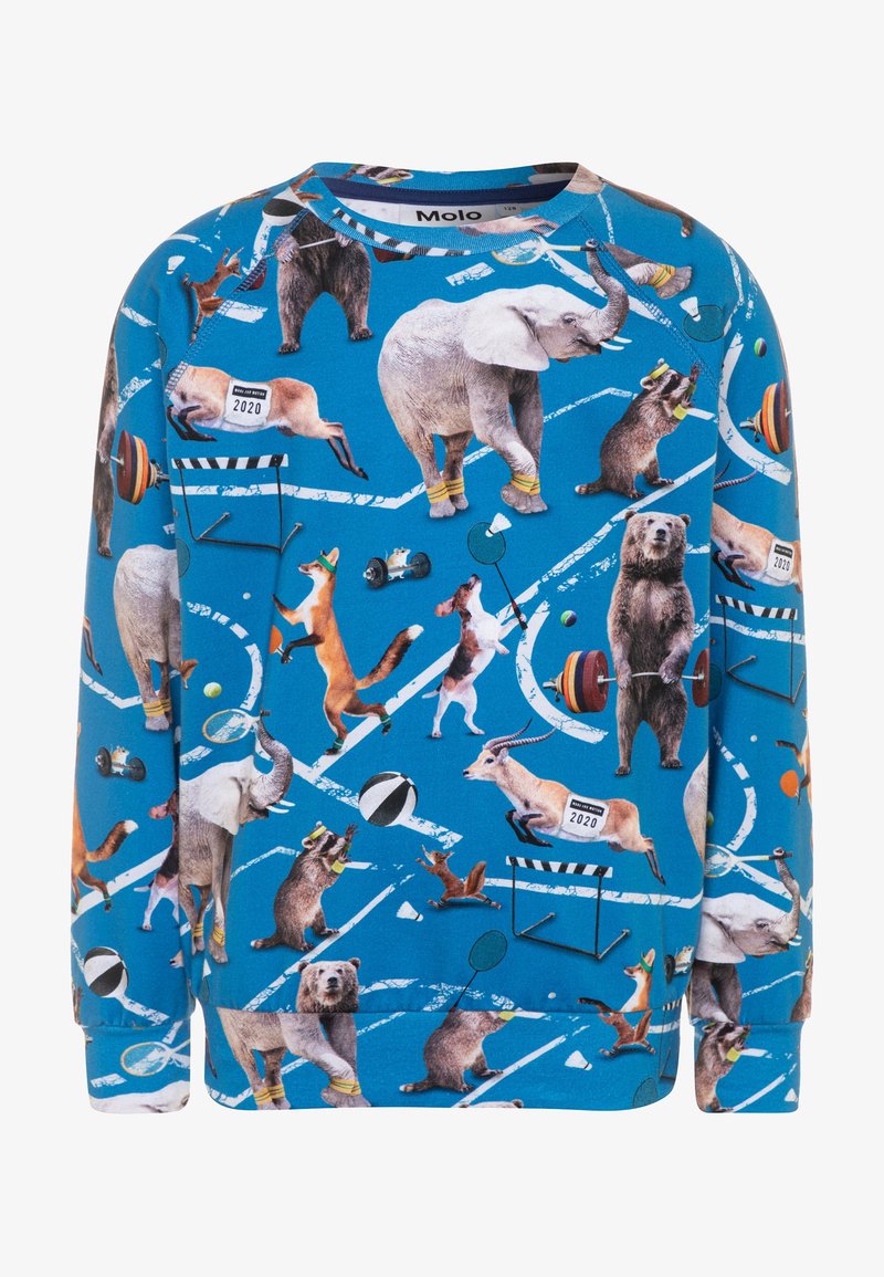 Sweat-shirt bleu orné de motifs d'animaux variés, comprenant des éléphants, des ours, des renards et des écureuils, pratiquant des sports tels que la musculation et le tennis.