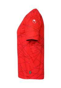 Rød kortærmet skjorte med et tekstureret design, der har mørkerøde, krydsende linjer. Fremstillet af glat, letvægtsstof.