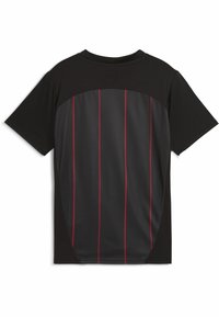 Zwarte t-shirt met korte mouwen met een paneelontwerp, voorzien van een gladde zwarte stof en rode verticale strepen op de achterkant. Gemaakt van ademende stof.