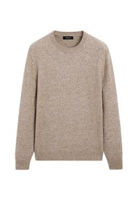 Maglione di lana beige con scollatura rotonda, maniche lunghe e una texture morbida. Vestibilità classica, senza motivi, con polsini e orlo a costine.
