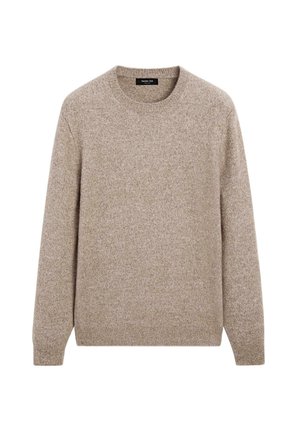 Pull en laine beige avec un col rond, des manches longues et une texture douce. Coupe classique, sans motifs, avec des poignets et un ourlet en maille côtelée.