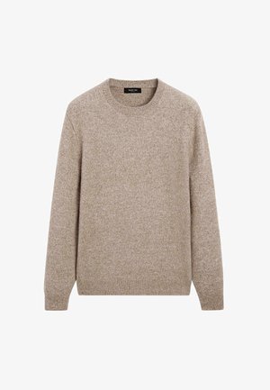 Pull en laine beige avec un col rond, des manches longues et une texture douce. Coupe classique, sans motifs, avec des poignets et un ourlet en maille côtelée.