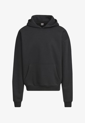Sort sweatshirt med hætte, bred pasform, lange ærmer, kengurulomme samt ribbede manchetter og kant. Fremstillet af blødt, tekstureret stof.