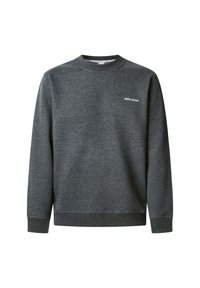 Sudadera gris de tejido suave con cuello redondo, puños y dobladillo acanalados. Presenta un pequeño logo blanco de "Pepe Jeans" en el pecho.
