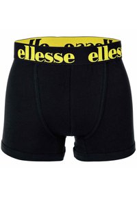 Schwarze Boxershorts für Herren mit einem breiten gelben Bündchen, das den fetten Markennamen "ellesse" in schwarzen Buchstaben wiederholt.