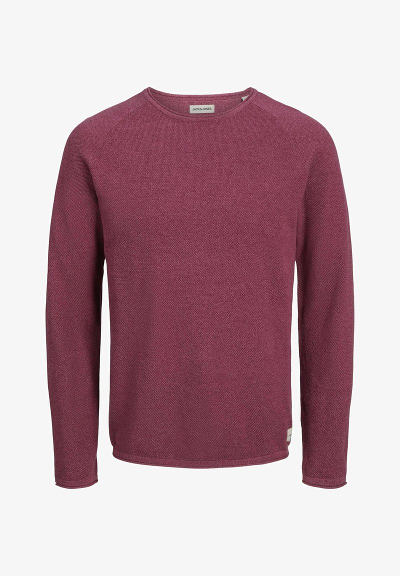 Maglione a maniche lunghe in un borgogna scuro, tessuto a maglia texturizzato. Presenta un collo a giro e polsini a costine con un piccolo etichetta del marchio sull'orlo.